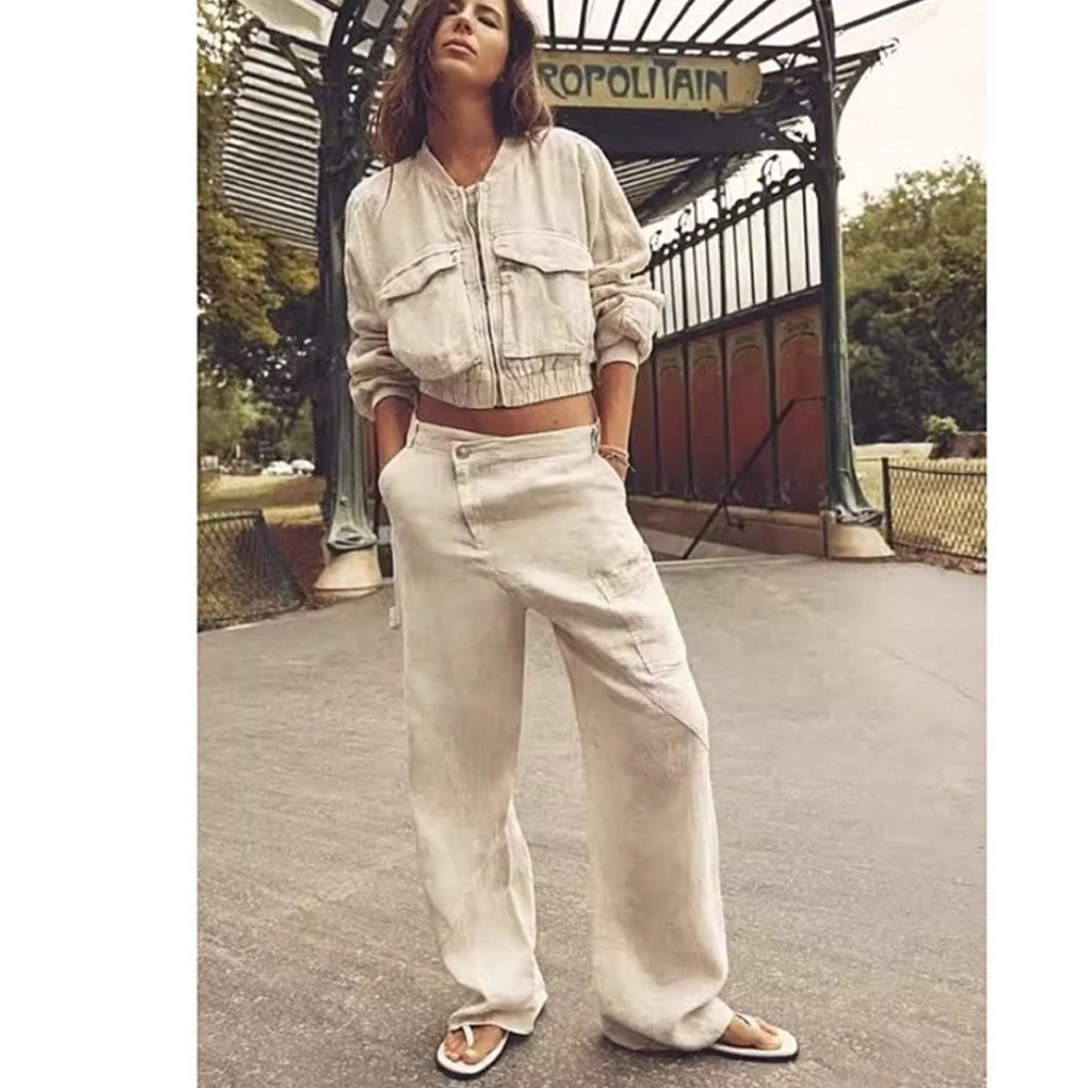NWT ZARA Beige Linen Stylish Crossover Cargo Pant. Size Medium. - Picture 2 of 16